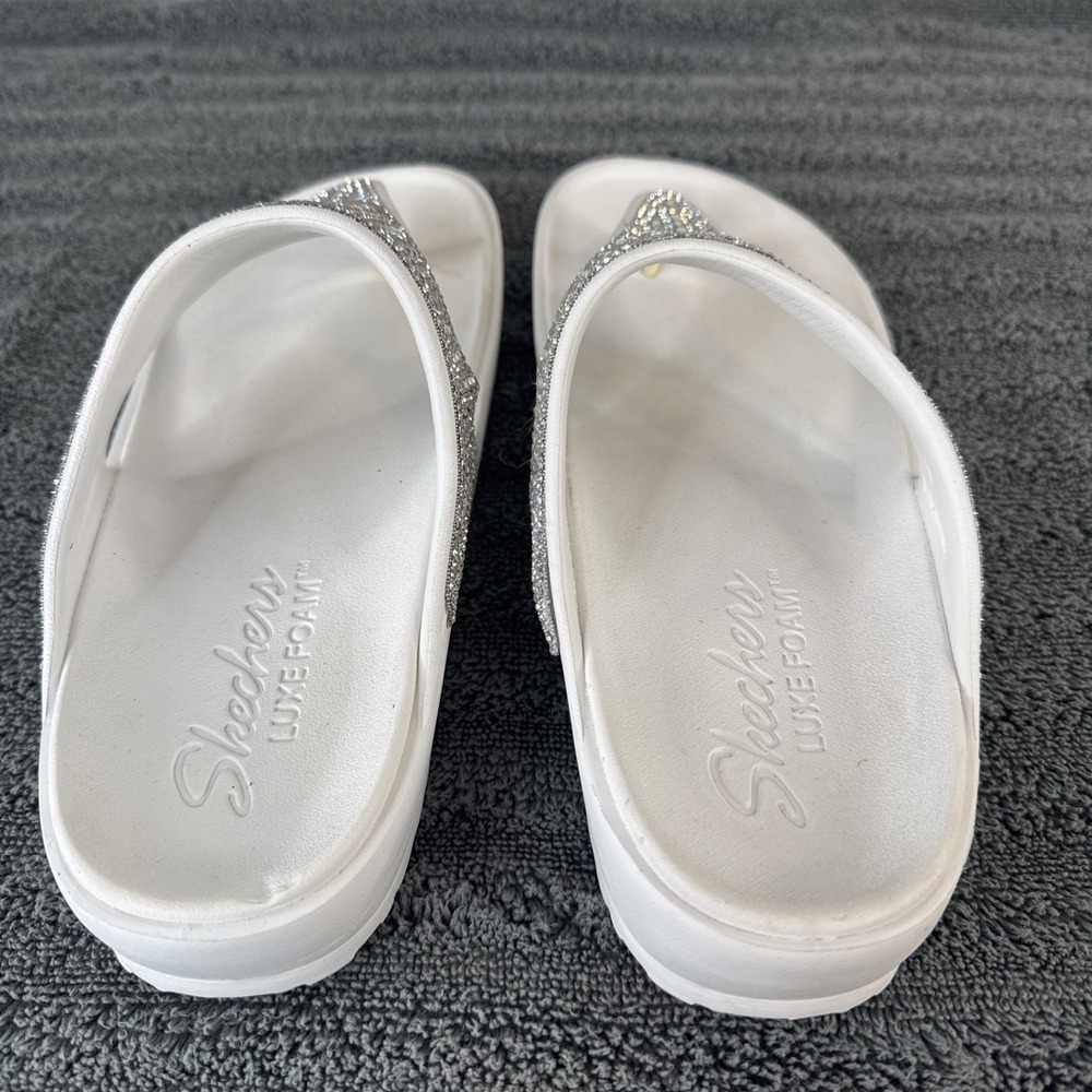 Skechers Luxe Foam Flip Flops White Silver Beaded Platform Sandals 8 - Picture 6 of 8